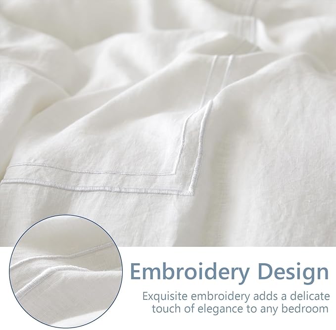 Simple&Opulence 100% Washed Linen Duvet Cover Set 68"x86" - 2 Pieces Soft Farmhouse Comforter Cover Set Double Embroidered with Button Closure - 1 Duvet Cover and 1 Pillowcase (White, Twin)