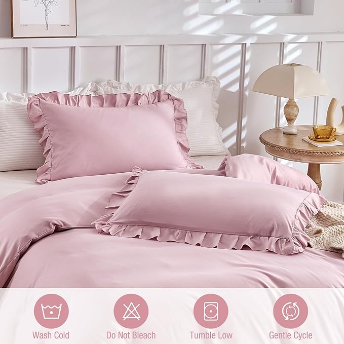 Lekesky Girls Ruffle Duvet Cover Twin Size, 2 Pieces Washed Microfiber Kids' Bedding Set, Aesthetic Shabby Chic Pink Comforter Cover with Ruffled Edges, Zipper Closure & Corner Ties