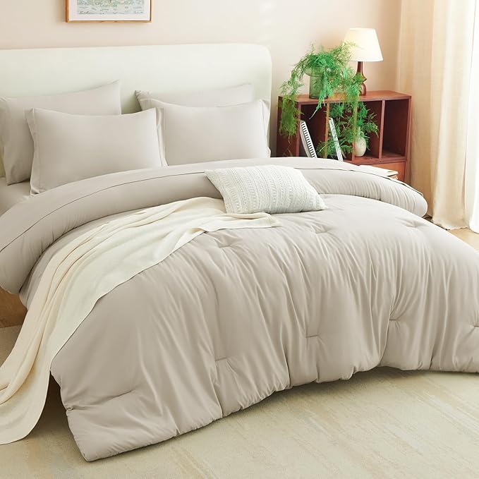 CozyLux King Comforter Set Beige, 7 Pieces Bed in a Bag Soft Bedding Comforter Set with Sheets, All Season Boho 7PC Bed Sets with Comforter, Fitted Sheets, Flat Sheets, Pillow Shams and Pillowcases