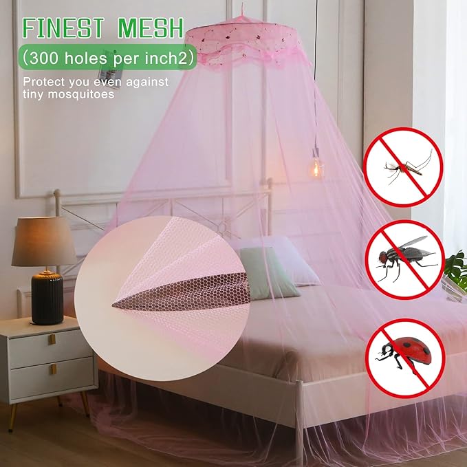 VISATOR Mosquito Net Bed Canopy for Girls,King Canopy Bed Curtains Queen Size from Ceiling,Dome Mosquito Netting Bed Tent Twin Girls Canopy Bed Decor for Baby Crib,Kid Bed and Adult Beds (Pink Dome)