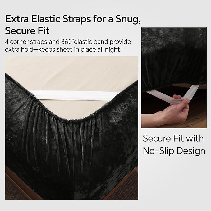 BEDELITE Velvet Fitted Sheet and Pillowcases Set, Luxury Soft Fuzzy Bottom Sheet with Reinforced Elastic Corner Straps, Deep Pocket up to 15 Inch, 1 Fitted Sheet and 2 Pillowcases (Full, Black)