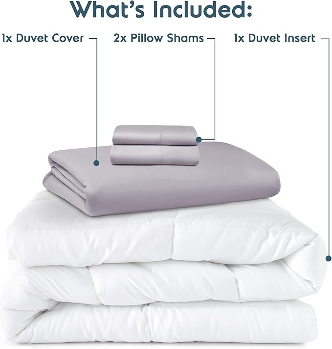 Nestl Full Duvet Cover Set with Comforter Insert - Grey Lavender 4 Piece 80x90 Duvet Cover & 2 Pillow Shams with White Quilted Down Alternative Comforter, Ultra Soft, All Season