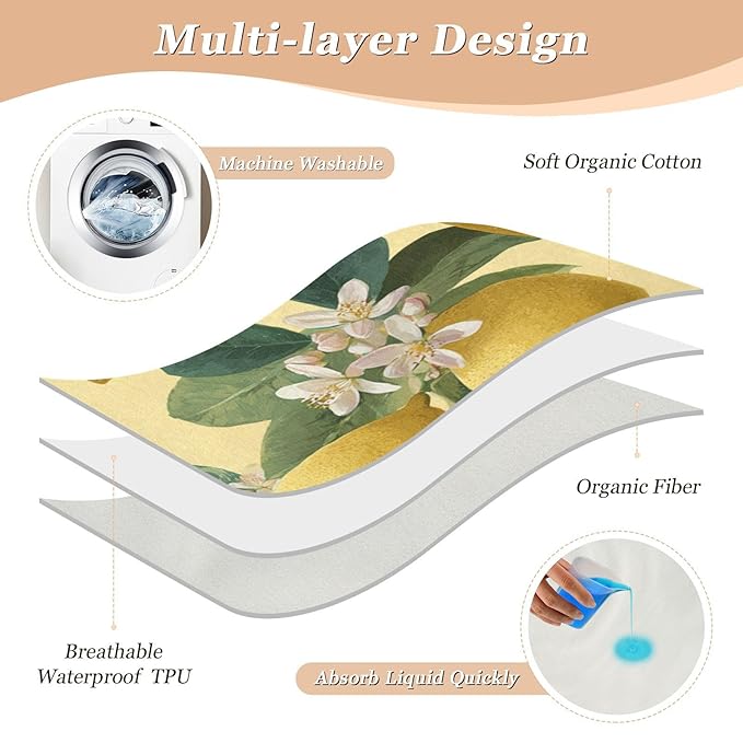 Waterproof Bed Pad Reusable Changing Pad Toddler Mattress Protector Large Pee Pad Baby Diaper Pad Soft Washable Liner Yellow Vivid Lemon and Flowers
