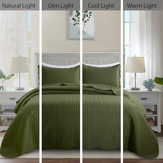 IR Imperial Rooms Queen Quilt Bedding Set (90" x 96") - Bulk Pack of 10 Wholesale for Hotels, Guest Bedroom & Airbnbs - Lightweight Microfiber Reversible Embossed Quilts Bedspreads (Olive Green)