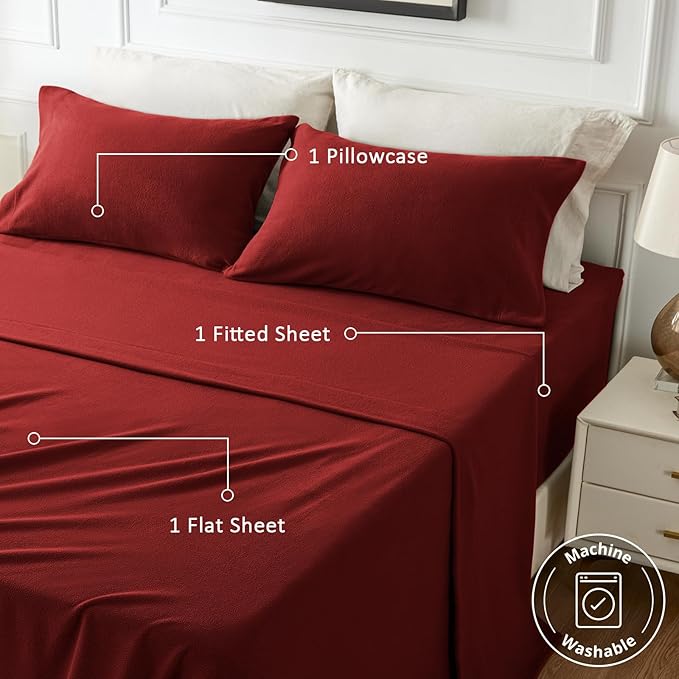 Love's cabin Fleece Twin Sheet Set - 3 Pcs Red Super Soft Plush Polar Fleece Bed Sheets Set with 16" Deep Pocket,Cozy Warmth for Cold Season(1 Flat Sheet,1 Fitted Sheet,1 Pillow Case)