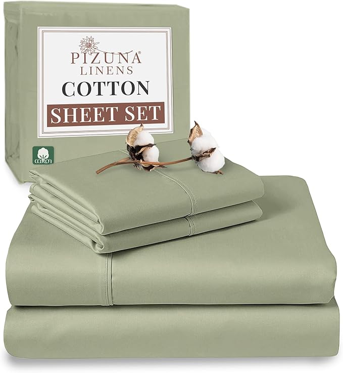 400 Thread Count Sheet Set,100% Long-staple Cotton Light Sage Queen Sheets, Sateen Weave Bed sheets, fit upto 17 inch Deep Pockets, 4Pc Set by Pizuna Linens (Light Sage Queen 100% Cotton Sheets)