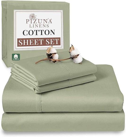 400 Thread Count Sheet Set,100% Long-staple Cotton Light Sage Queen Sheets, Sateen Weave Bed sheets, fit upto 17 inch Deep Pockets, 4Pc Set by Pizuna Linens (Light Sage Queen 100% Cotton Sheets)