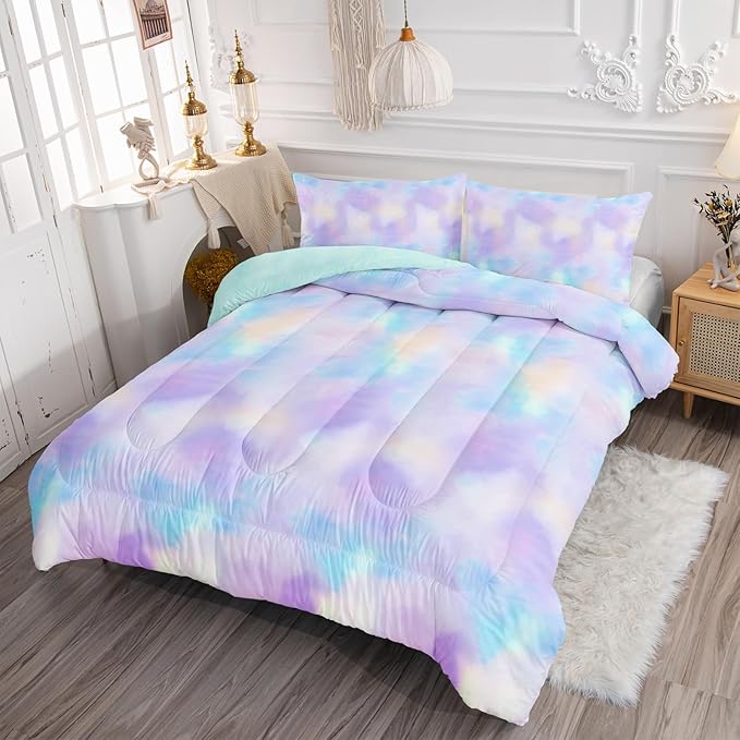 Axolotl Tie Dye Bedding Set Twin,Pink Blue Purple Cloud Comforter Set,Boho Psychedelic Bedding Colorful Tie Dye Pastel Comforter Set,Rainbow Bedding Set for Women,1 Quilt 2 Pillowcases