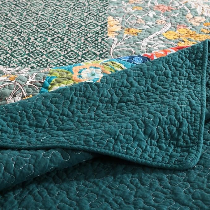 Autumn Dream Cotton Bedspread Quilt Sets Reversible Bedding Coverlet Sets Comforter, Vintage Floral Patchwork Turquoise Bedspread, King Size | Breathable material, Reversible, Soft durable, Handmade patchwork, Machine waschable, Jacquard stitching