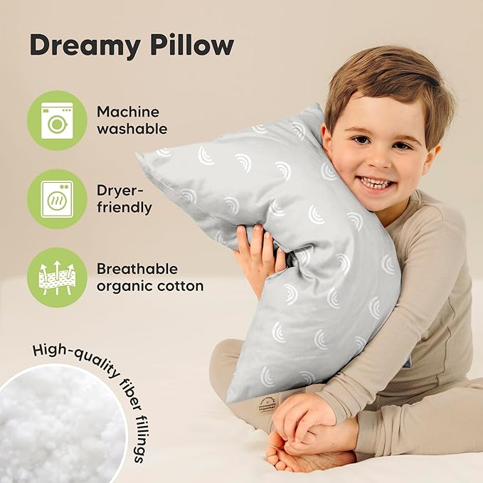 KeaBabies 2-Pack Toddler Pillows 2 Year Old to 5-13x18 Soft Organic Cotton Kids Pillow for Sleeping, Travel, School, Daycare, Nap, Toddler Bed, Machine Washable, Without Pillowcase (Gray Rainbow)