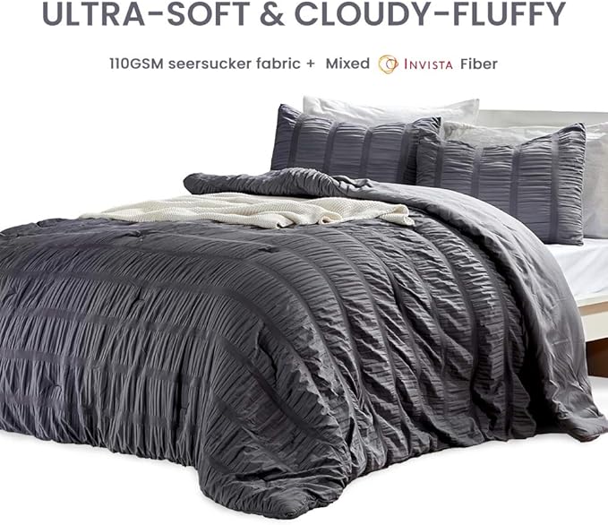 SLEEP ZONE Luxury Seersucker Queen Comforter Set 3-Piece, Soft & Lightweight Down Alternative Duvet Insert with Pillow Sham Cooling for Summer, Gray