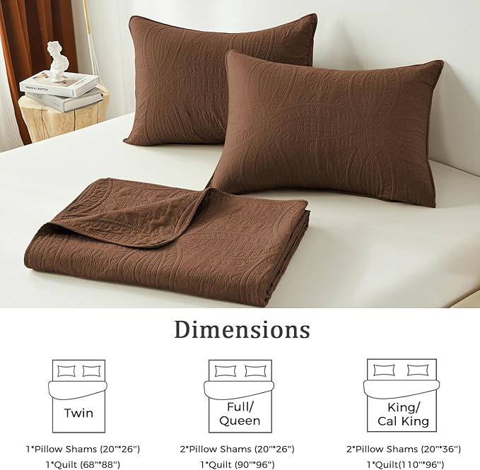 akkialla Full/Queen Quilt Bedding Set,Brown Ultrasonic Quilt Set,Lightweight Soft Bedspread Coverlet,Modern Style Coin Pattern Bed Cover for All Seasons,3 Piece(1 Quilt,1 Pillow Shams)