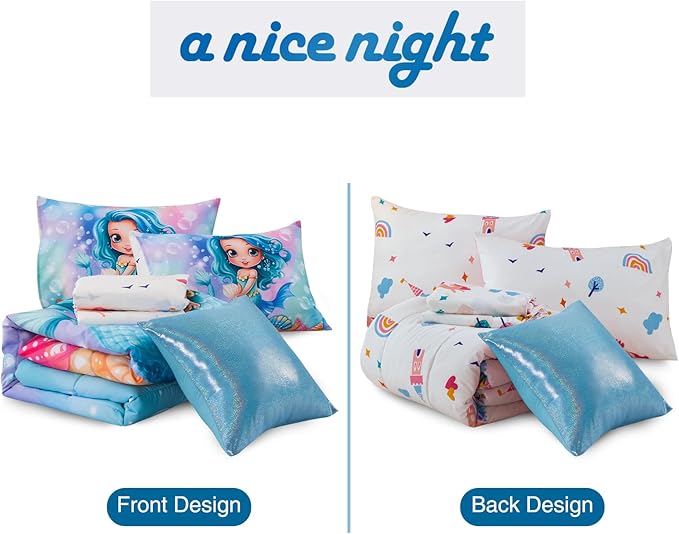 A Nice Night Mermaid Comforter Set Twin 6-Piece Bedding for Girls 3-15 Years, Soft Polyester All-Season Bed in a Bag, Princess Theme Twin Bed Quilt