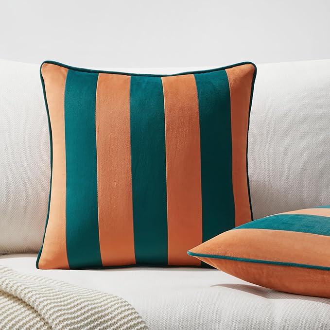 MONDAY MOOSE Decorative Throw Pillow Covers Cushion Cases, Set of 2 Soft Velvet Striped Piping Edge Designs, Pillow Inserts Not Included (20x20 inch, Coral/Dark Teal)