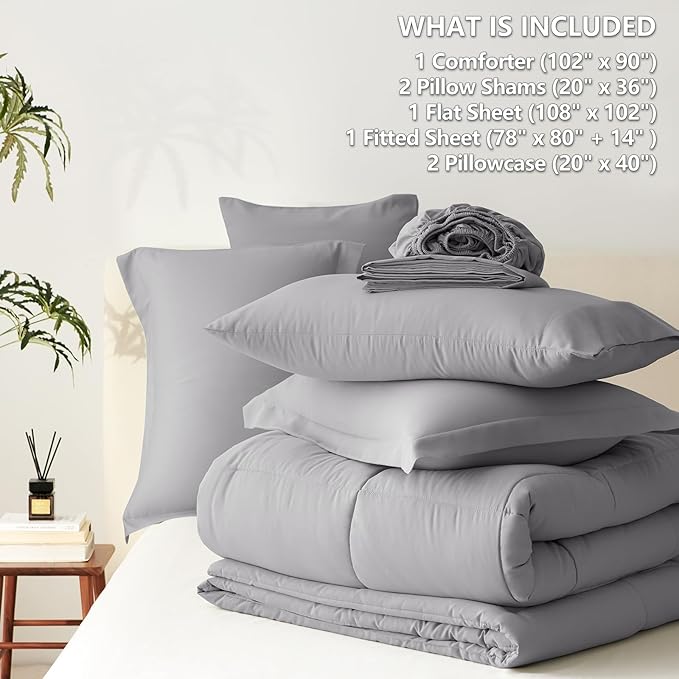 CozyLux King Size Comforter Set Grey - 7 Pieces Bed in a Bag King, Okeo-Tex Certifited Bedding Set, All Season Soft Bed Set with Down Alternative Comforter, Sheets, Pillowcases & Pillow Shams