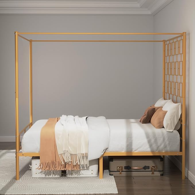 Modern Queen Canopy Bed Sturdy Metal Slats Easy Assembly – 1000lbs Capacity, Ideal for Small Spaces & Rentals, No Box Spring Needed