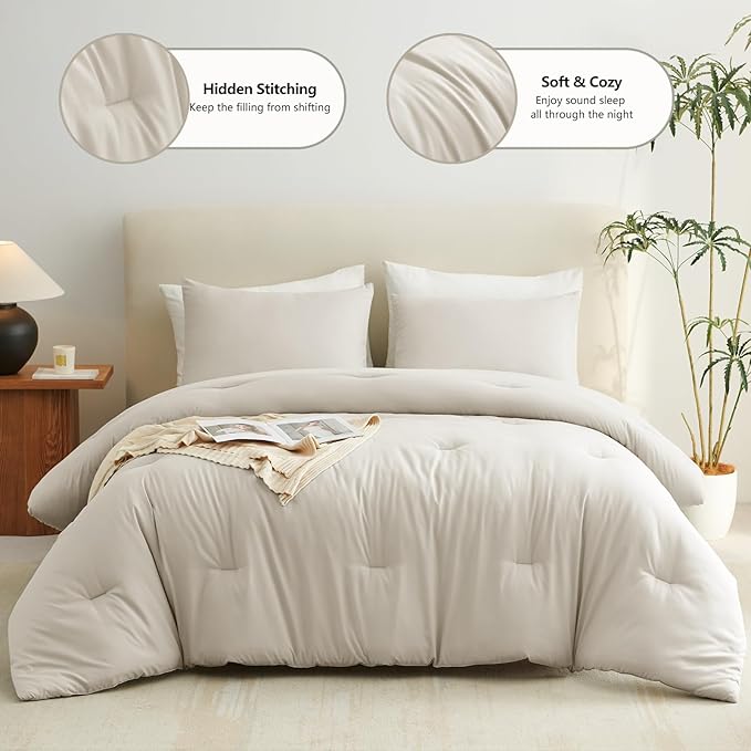 CozyLux Oversized Queen Comforter Set Beige, 3 Pieces 98x98 Solid Breathable Quilted Style Bedding Sets All Season, Luxury Soft Down Alternative Comforter Bed Set (1 Comforter & 2 Pillowcases)