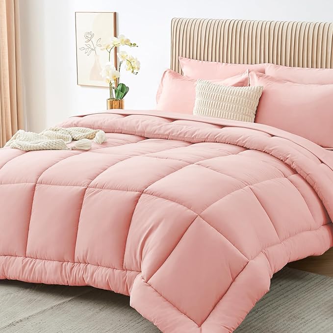 Sasttie King Size Comforter Set, 7 Pieces Bed in a Bag King, Complete Bedding Set Includes Comforter, Flat Sheet, Fitted Sheet, Pillowcases and Pillow Shams, Pink