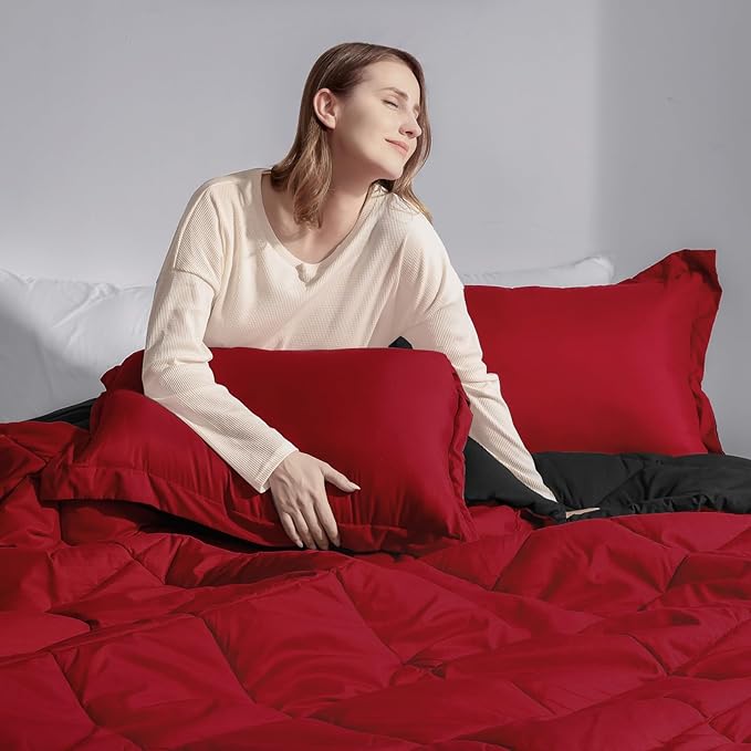 Basic Beyond Queen Comforter Set, Red and Black Comforter Set Queen Size, Reversible Bed Comforter Queen Bed Set for All Seasons, 1 Comforter (88"x92") and 2 Pillow Shams (20"x26"+2")