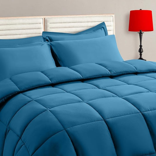 TAIMIT Teal Full Size Comforter Set - 7 Pieces, Bed in a Bag Bedding Sets with All Season Soft Quilted Warm Fluffy Reversible Comforter,Flat Sheet,Fitted Sheet,2 Pillow Shams,2 Pillowcases
