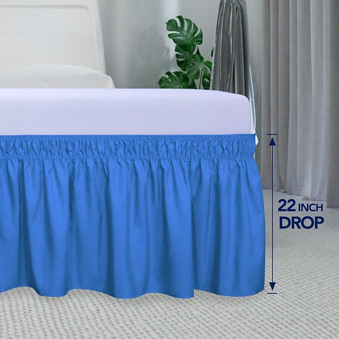 PureFit Wrap Around Ruffled Bed Skirt with Adjustable Elastic Belt - 22 Inch Drop Easy to Put On, Wrinkle Free Bedskirt Dust Ruffles, Bed Frame Cover for Queen, King and C-King Size Beds, Blue
