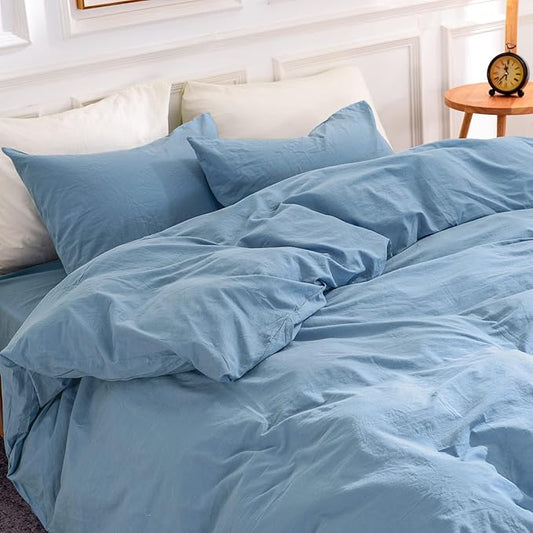 NEXHOME PRO Duvet Cover Set 100% Washed Cotton California Kingn 104"x98", Organic Natural Linen Look Textured 3 Pieces Bedding Set Blue with Zipper Closure & Corner Ties, Breathable (No Comforter)