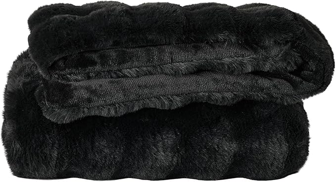 Lotus Karen Faux Fur Blanket - Black Twin Size, Big Bubble Rabbit Fluff, 60x80 Inches