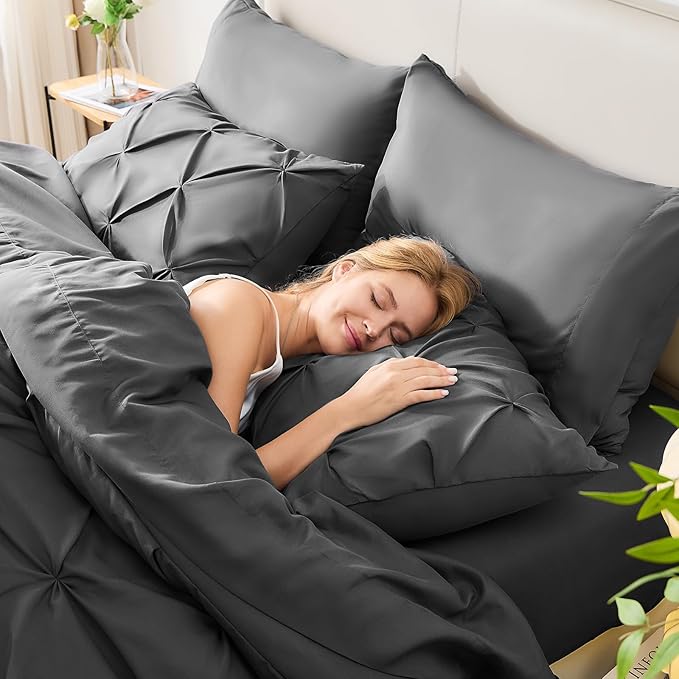 Twin Comforter Set Dark Grey, 5 Pieces Pintuck Bed in A Bag Twin Size Bedding, Soft Bed Set All Season Pinch Pleat Comforter Set with Sheets, Pillowcase & Sham