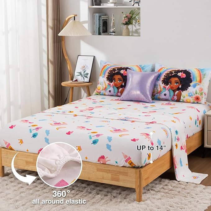 A Nice Night Princess Style Rainbow Unicorn Full Size Comforter Set for Girls - 6 Piece Flower Bedding Sets with Sheets, Breathable and Soft Polyester Fiber, Kids Comforter Set for Teen Girls,Full