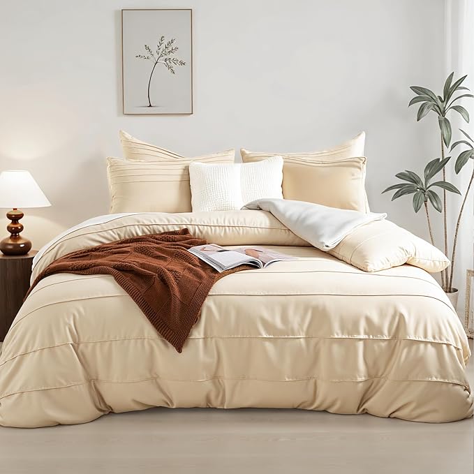 NEXHOME PRO 100% Organic Cotton Duvet Cover King, Linen Like Pleated Textured Yellow Tan Duvet Cover Set, 3pc Bedding Set with Zipper Closure, Soft, Lightweight and Breathable,104"x90", No Comforter