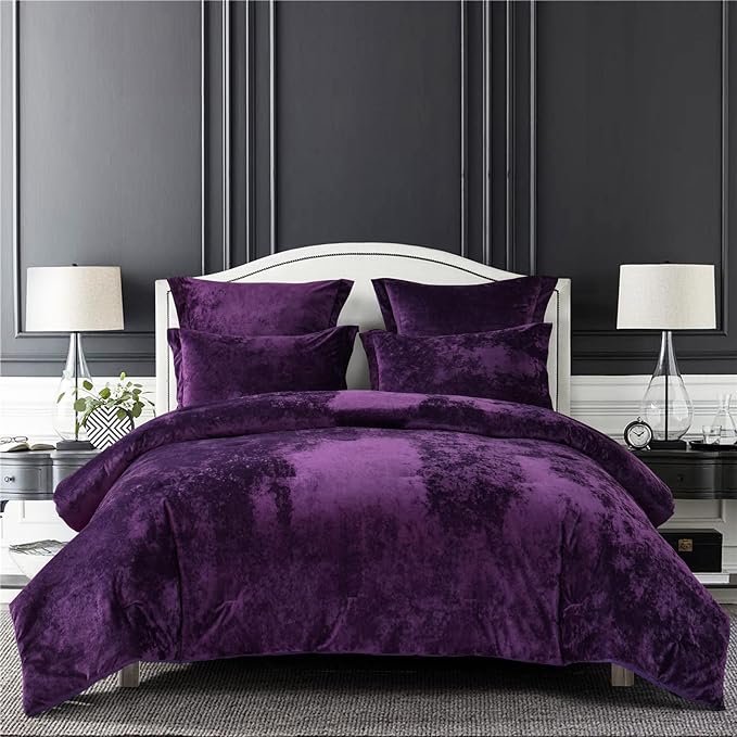 Sunshine Nicole Distressed Velvet Comforter Set, Distressed Velvet Face and Brushed Solid Microfiber Reverse, with Light Weight Soft Poly Fill, 5 Pieces Purple, Queen