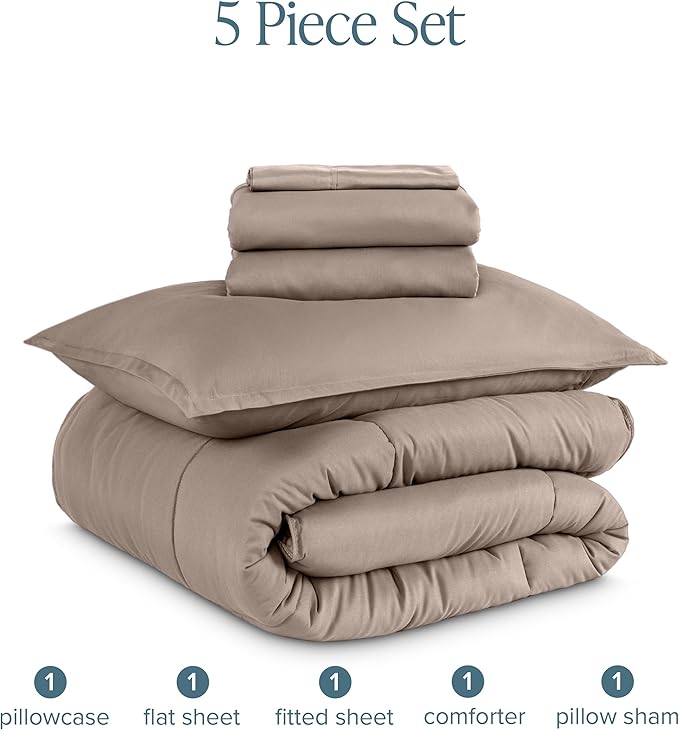 Bare Home Bed-in-A-Bag 5 Piece Comforter & Sheet Set - Twin - Goose Down Alternative - Ultra-Soft 1800 Premium Bed Set (Twin, Taupe/Taupe)