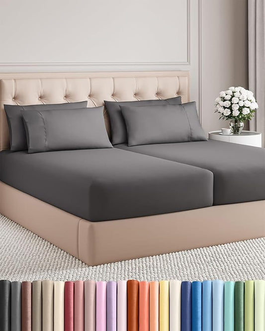 Split King 7 Piece Sheet Set - Comfy Breathable & Cooling - Soft Hotel Luxury Bedding Set with 8-16 Inch Deep Pockets - 1 Flat & 2 Fitted Sheet & 4 Pillowcases - Wrinkle Free & Easy Care - Dark Grey