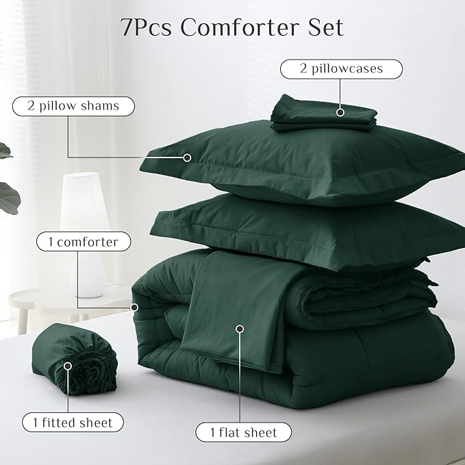 JOLLYVOGUE Queen Comforter Set, Ultra-Soft Bed in a Bag Queen Size 7 Pieces, Oeko-TEX Certified Bedding Set with Down Alternative Comforter, Sheets, Pillowcases & Shams, Emerald Green