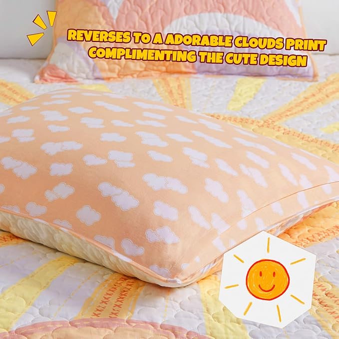 Intelligent Design Kids Twin Quilt Bedding Set, Cotton Coverlet Sun Girls Bedding Set Rainbow & Clouds Reversible Dawn Light & Breathable Sham Throw Pillow Twin Yellow/Coral 3 Piece