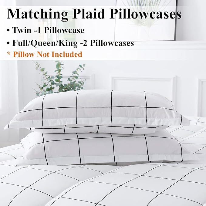 Andency White Grid Comforter Set Twin/Twin XL(66x90Inch), 2 Pieces (1 Plaid Comforter and 1 Pillowcase) White Plaid Comforter Set, Lightweight Microfiber Gingham Geometric Comforter Bedding Set