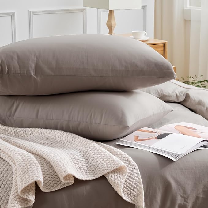 NEXHOME PRO Duvet Cover Set Kids Twin Size Linen Look Textured Organic Natural 100% Washed Cotton Duvet Cover Linen Cream Grey 2 Pieces Bedding Set with Zipper Closure, Breathable (No Comforter)
