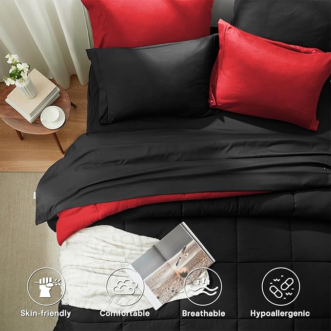 Anluoer California King Size Comforter Set 7 Pieces,Black Cal King Bed in a Bag with Comforter and Sheets,All Season Bedding Sets with Comforter,Pillow Shams,Pillowcases,Flat Sheet,Fitted Sheet
