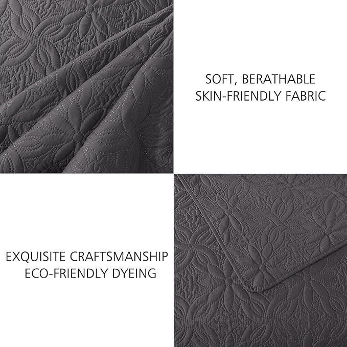 JML Quilts Set, Bedspread Coverlet Set with Pillowcases - 3 Piece Soft and Lightweight Bed Quilt for Spring, Autumn and Summer (Embossed Pattern - Dark Grey, Full/Queen(88"x92"))