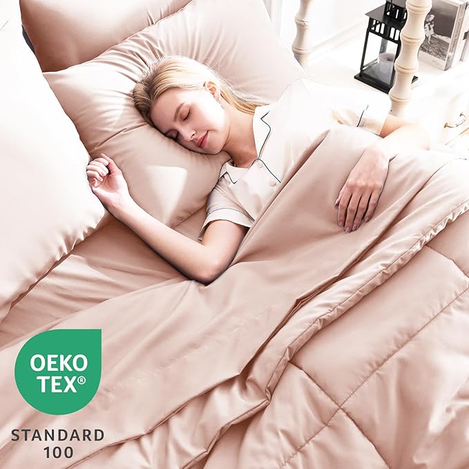 CozyLux Oversized Queen Comforter Sets Blush Pink, 7 Pieces Bed in a Bag, Ultra-Soft All Season Bedding Sets with Stitch Quilted Comforter, Flat Sheet, Fitted Sheet, Pillowcases, Blush Pink