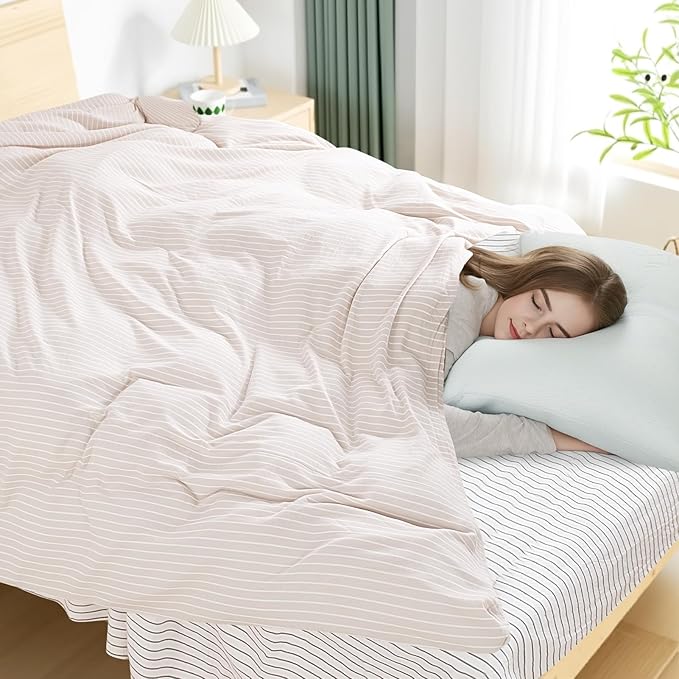NEXHOME PRO Striped Duvet Cover Full Size,100% Washed Cotton Bedding Set,Textured Linen Feel,Breathable,Organic,3 Piece(White Stripes 80x90)