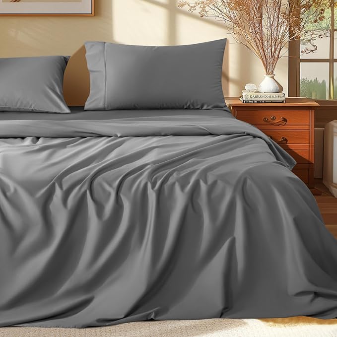 Shilucheng 100% Egyptian Cotton Sheets Set - 1000 Thread Count，Luxury Cotton Bed Sheets，Breathable & Cooling Bedding and Pillow Cases, 16 Inch Deep Pocket - 4 Piece (Grey, Full)