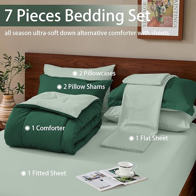FUANNA Queen Comforter Set 7 Pieces, Reversible Bed in a Bag with All Season Soft Comforter, Bedding Sets Includes Comforter, Flat Sheet, Fitted Sheet, Pillowcases & Shams, Emerald Green & Sage Green