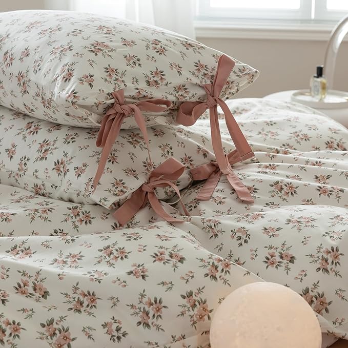 Floral Duvet Cover Twin Pink Floral 3 Piece Twin Girl Cottagecore Bedding Set with 2 Bow Tie Pillowcases,Room Decor Vintage Flowers Comforter Cover Princess for Teens Dorm