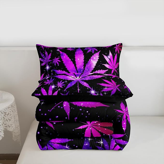 Erosebridal Hippie Black Purple Full Size Bed Comforter Set,Galaxy Stars Leaf Bedding Set for Adults Women Men,Leaves Comforter Botanical Quilt 2 Pillow Cases