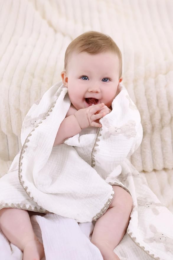 Double Layered 100% Cotton Muslin Baby Blanket Ultra-Soft 40x40 Inch Swaddling Nursery Crib Blanket(Bunny)