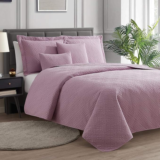Hearth & Harbor Quilts Twin Size - All Season Bedspread Coverlet Set, Pinsonic Weave Lightweight Bedding Set - 5 Piece Twin Quilt Set with Pillow Shams, Diamond - Lavender Dream