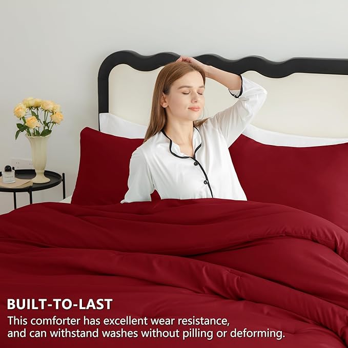 CozyLux Full Size Comforter Set Dark Red, 3 Pieces Solid Breathable Quilted Style Bedding Sets, Luxury Soft Bed Set with Down Alternative Comforter for All Season (1 Comforter & 2 Pillowcases)