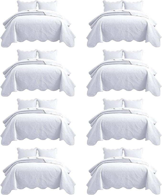 IR Imperial Rooms 8 Pack Quilt King Size Bedding (106" x 96") - Bulk Wholesale for Hotels, Guest Bedroom & Airbnbs - Lightweight Microfiber Reversible Floral Embossed Quilts Bedspreads (White)