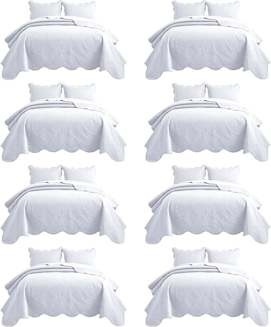 MOONLIGHT20015 8 Pack Quilt King Size Bedding (106" x 96") - Bulk Wholesale for Hotels, Guest Bedroom & Airbnbs - Lightweight Microfiber Reversible Floral Embossed Quilts Bedspreads (White)